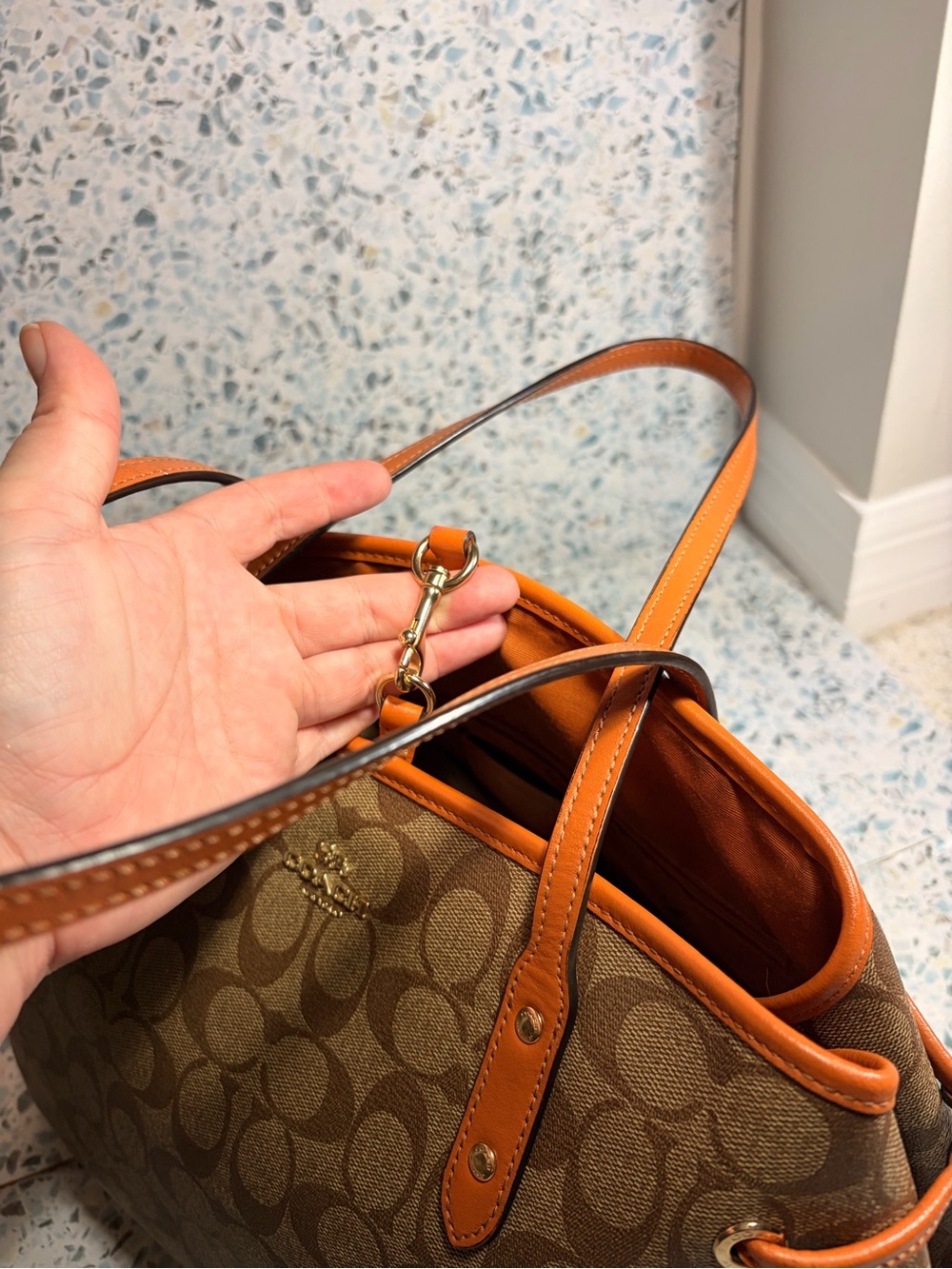 Coach Signature Drawstring Carryall 57842 Khaki Saddle Tote - Picture 6 of 9
